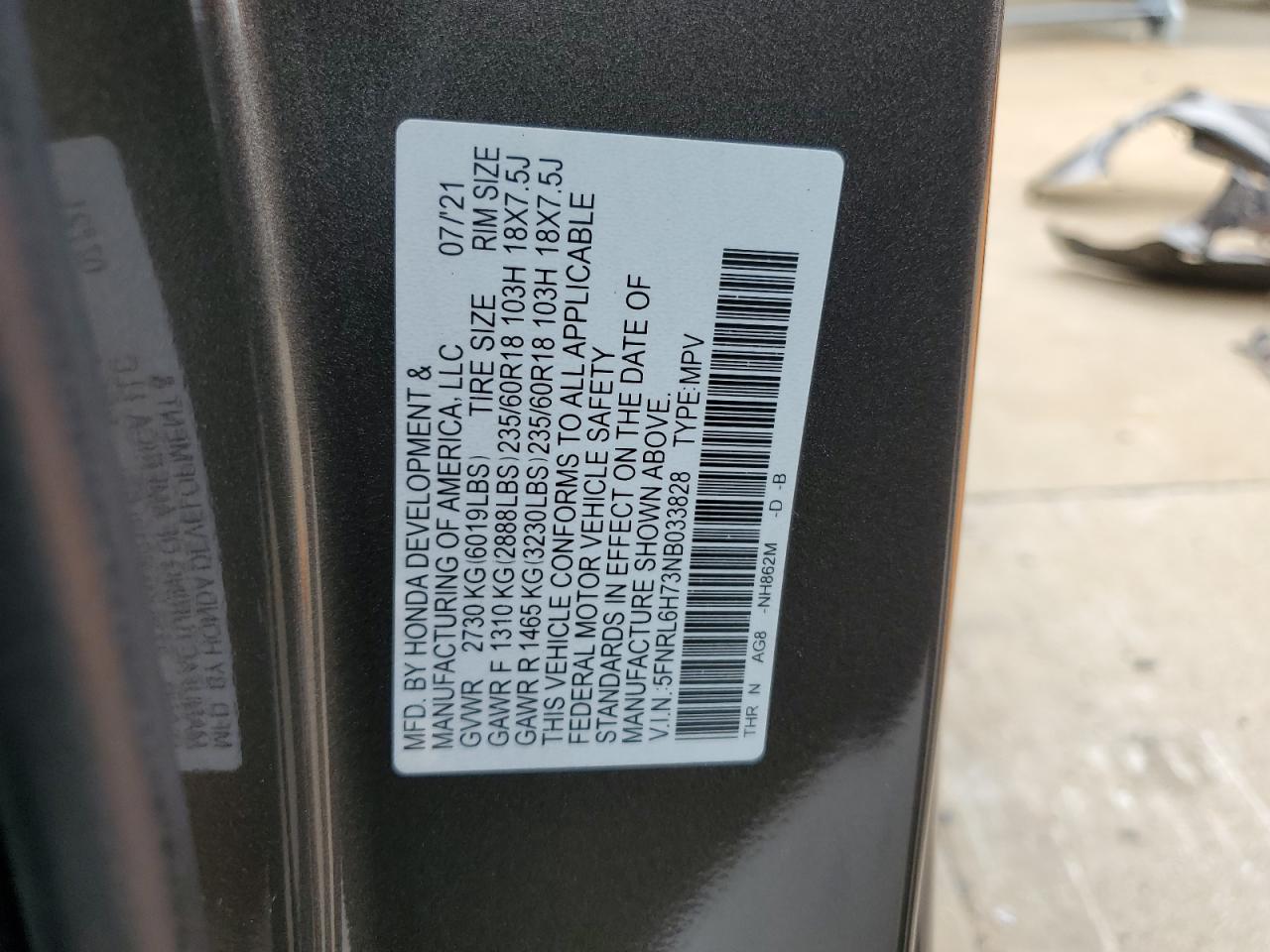 2022 HONDA ODYSSEY EXL VIN:5FNRL6H73NB033828