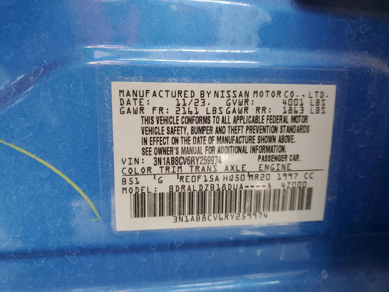 2024 NISSAN SENTRA SV VIN:3N1AB8CV6RY259974