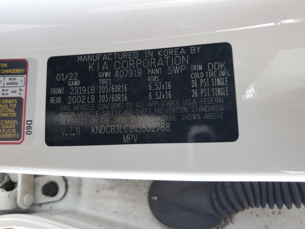 2022 KIA NIRO LX VIN:KNDCB3LC1N5532768