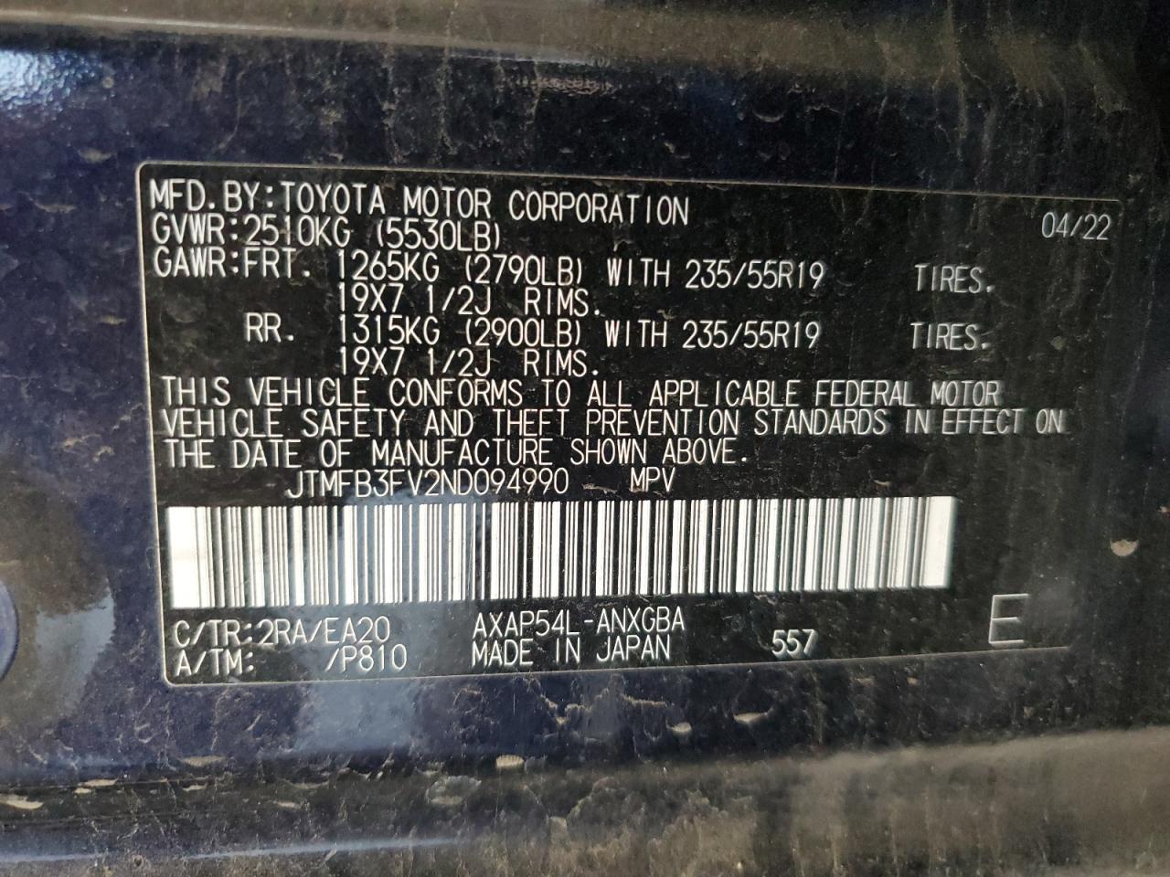 2022 TOYOTA RAV4 PRIME XSE VIN:JTMFB3FV2ND094990