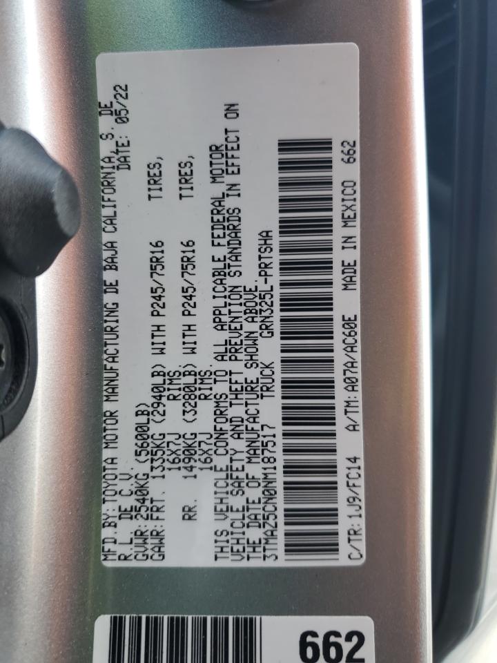 2022 TOYOTA TACOMA DOUBLE CAB VIN:3TMAZ5CN0NM187517