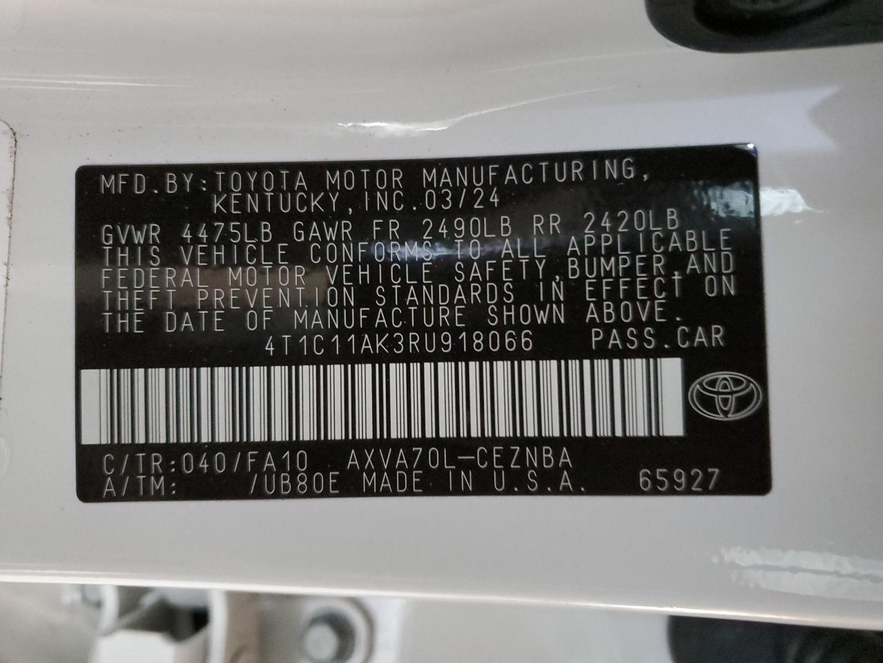 2024 TOYOTA CAMRY LE VIN:4T1C11AK3RU918066