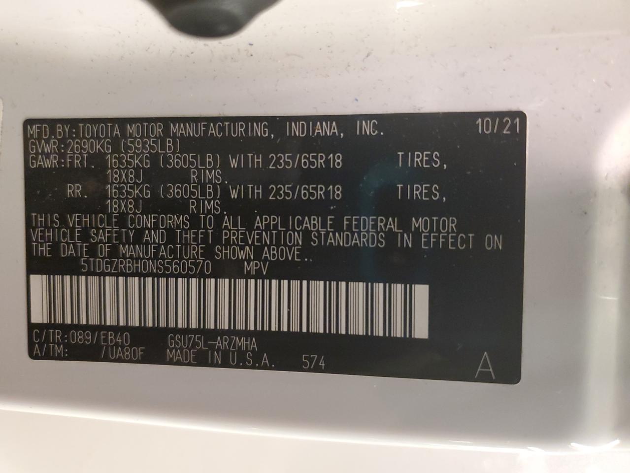 2022 TOYOTA HIGHLANDER XLE VIN:5TDGZRBH0NS560570