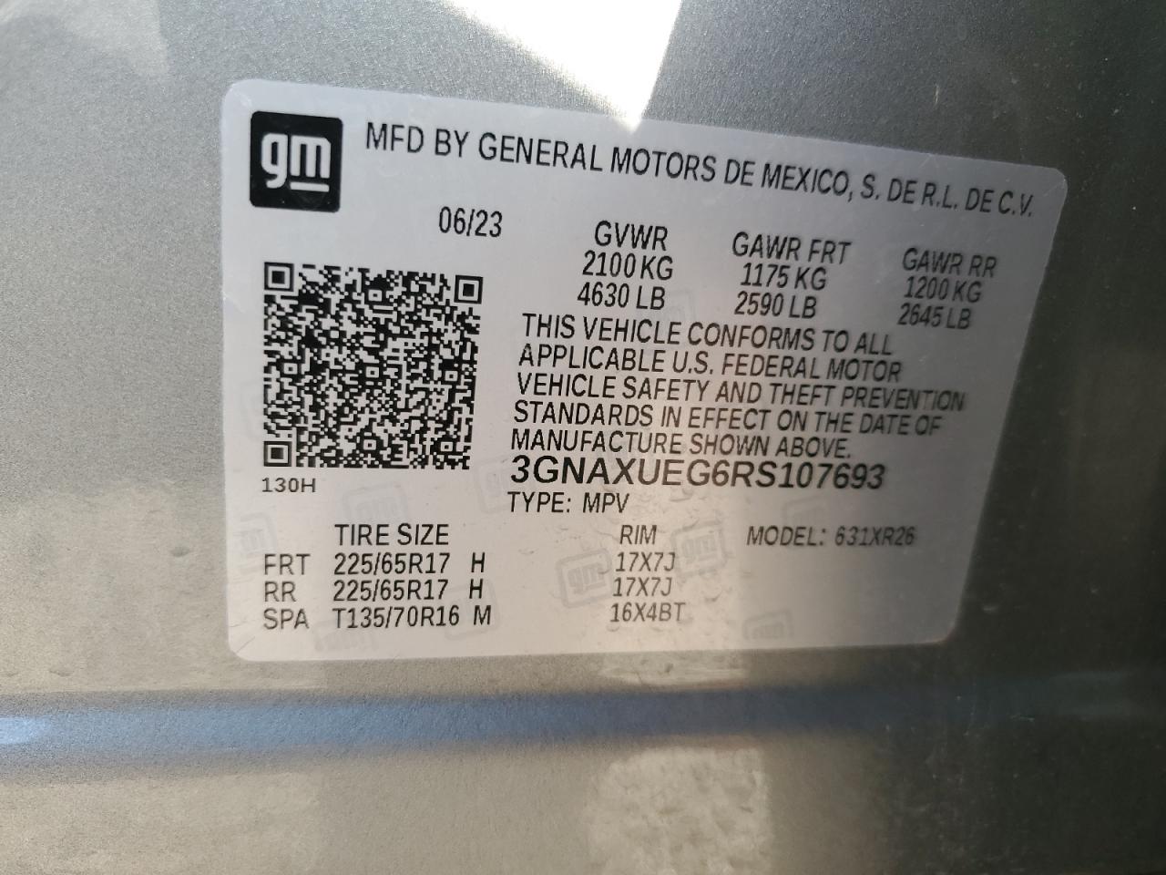 2024 CHEVROLET EQUINOX LT VIN:3GNAXUEG6RS107693