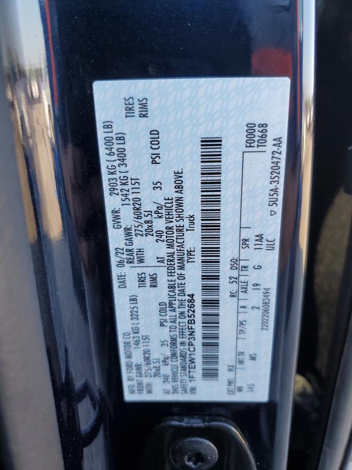 2022 FORD F150 SUPERCREW VIN:1FTEW1CP3NFB52684