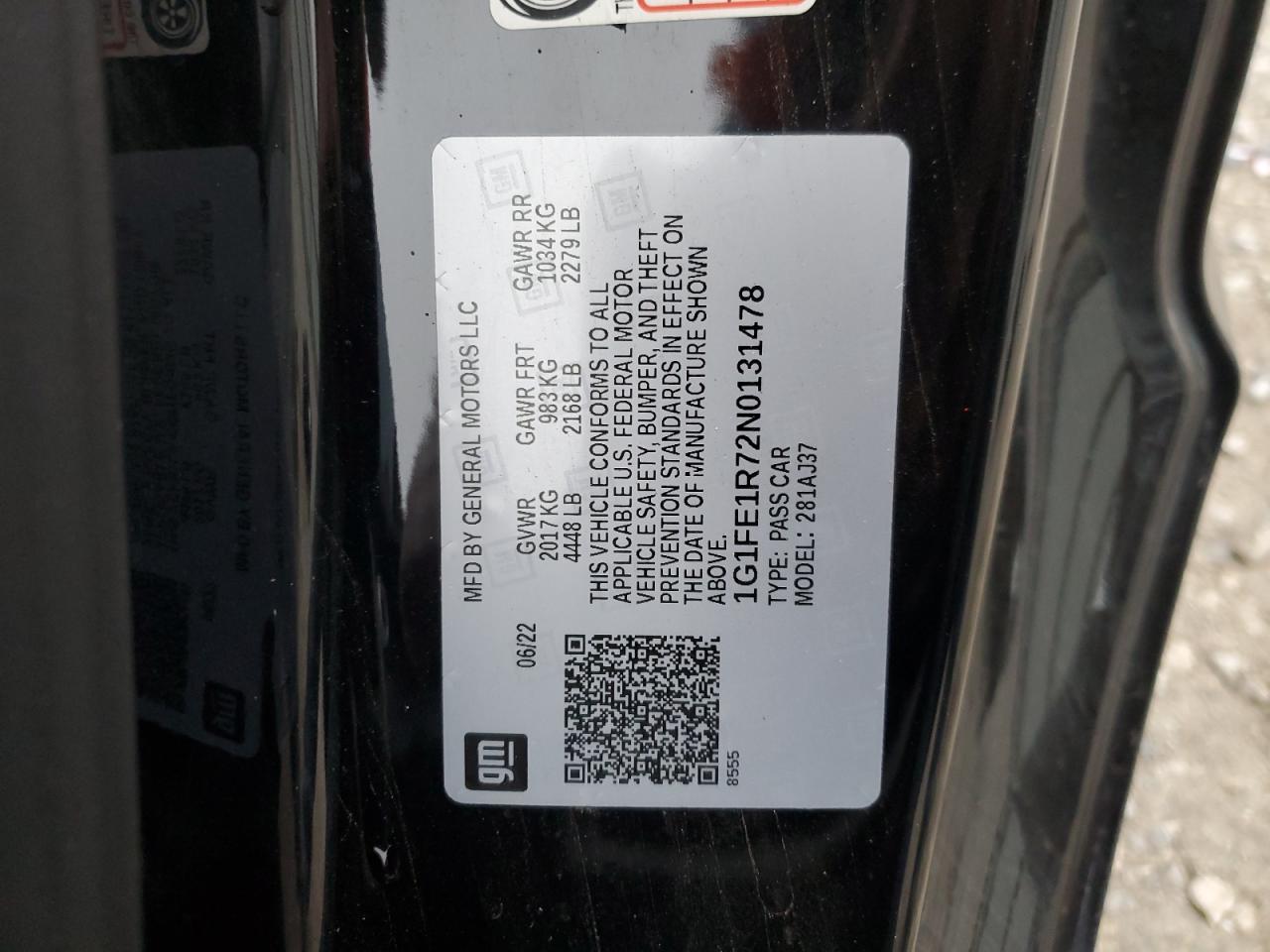 2022 CHEVROLET CAMARO LT1 VIN:1G1FE1R72N0131478