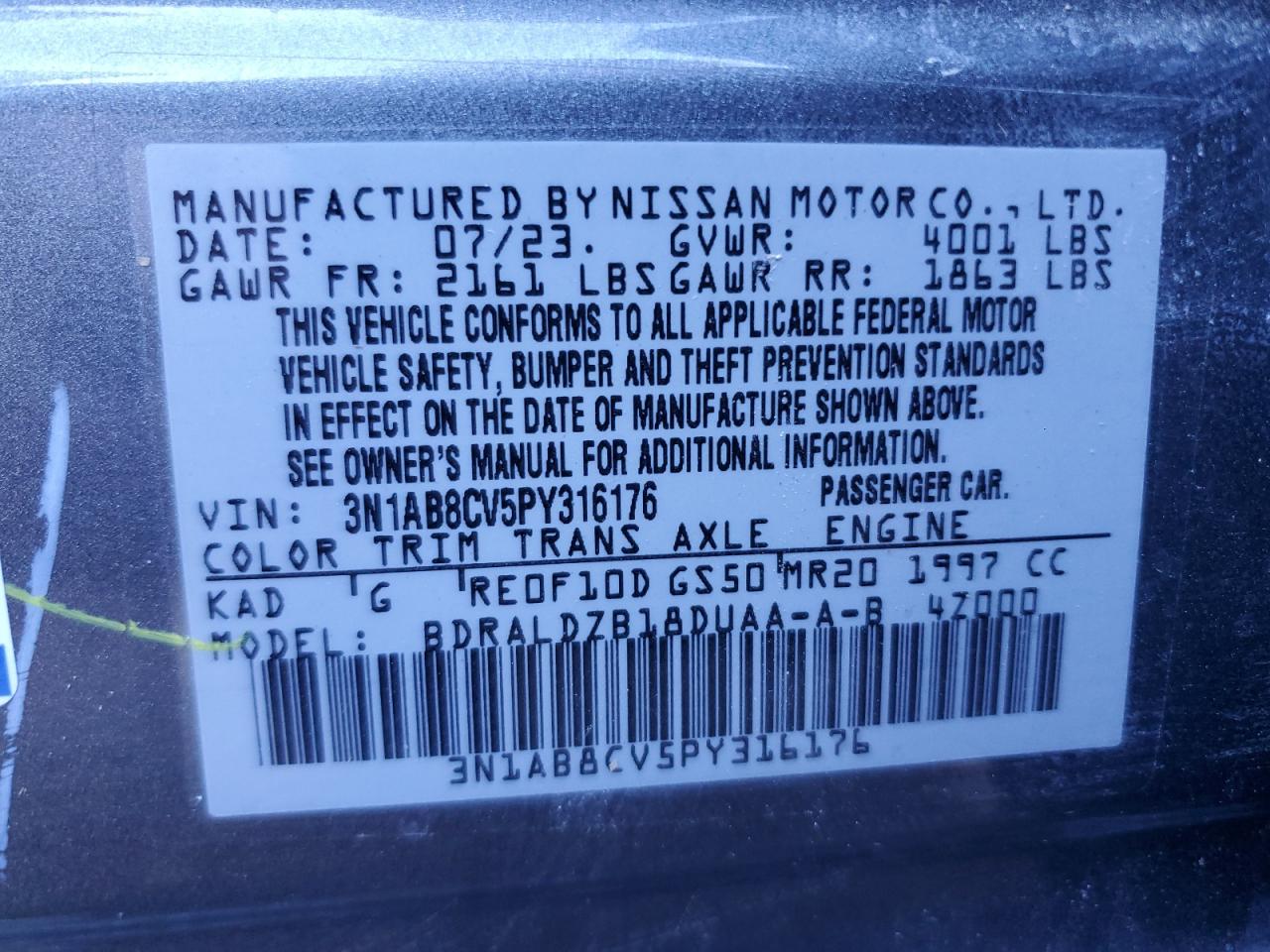 2023 NISSAN SENTRA SV VIN:3N1AB8CV5PY316176