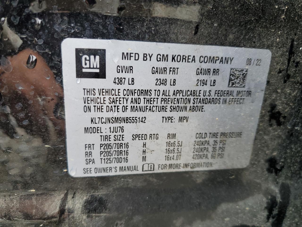 2022 CHEVROLET TRAX LS VIN:KL7CJNSM9NB555142