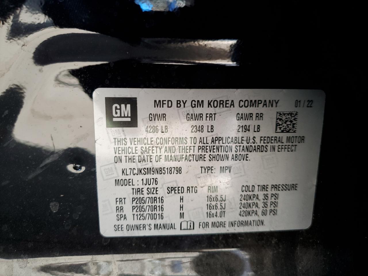 2022 CHEVROLET TRAX LS VIN:KL7CJKSM9NB518798