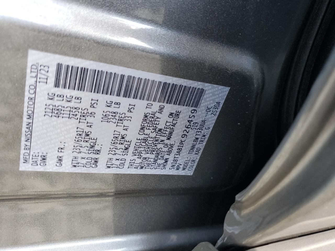 2023 NISSAN ROGUE S VIN:5N1BT3AB1PC926459