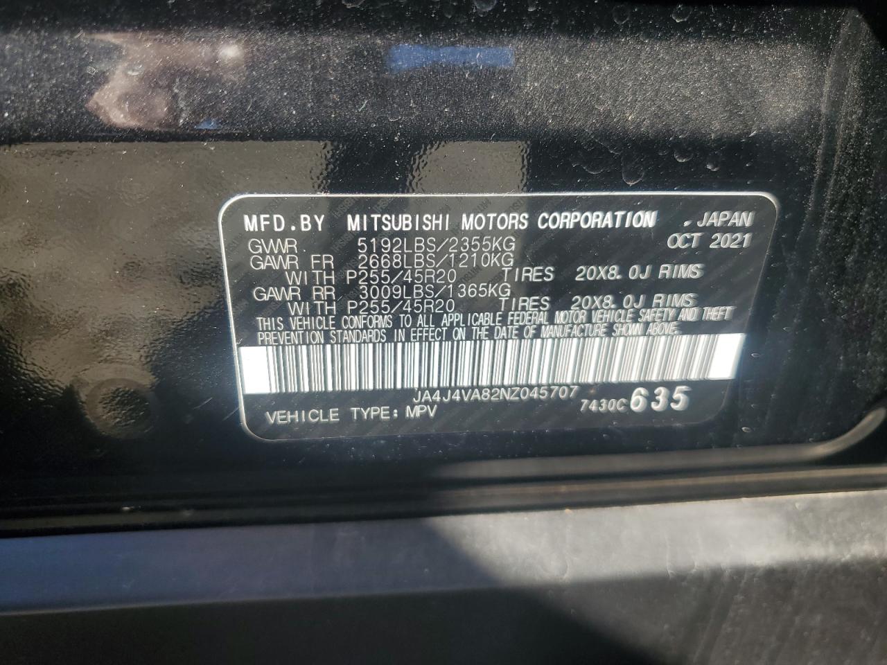 2022 MITSUBISHI OUTLANDER SEL VIN:JA4J4VA82NZ045707