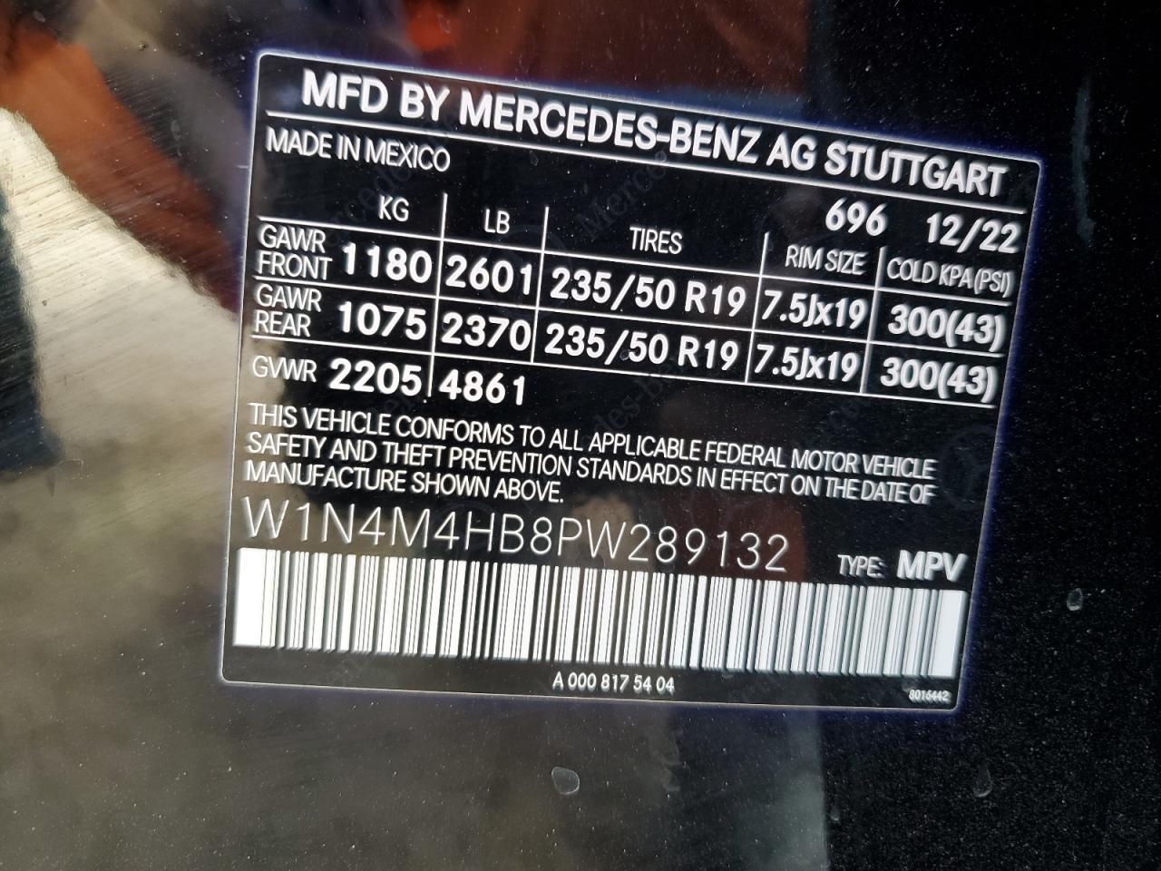 2023 MERCEDES-BENZ GLB 250 4MATIC VIN:W1N4M4HB8PW289132