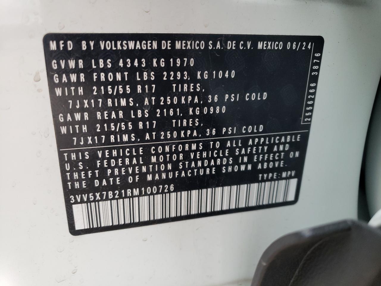 2024 VOLKSWAGEN TAOS S VIN:3VV5X7B21RM100726