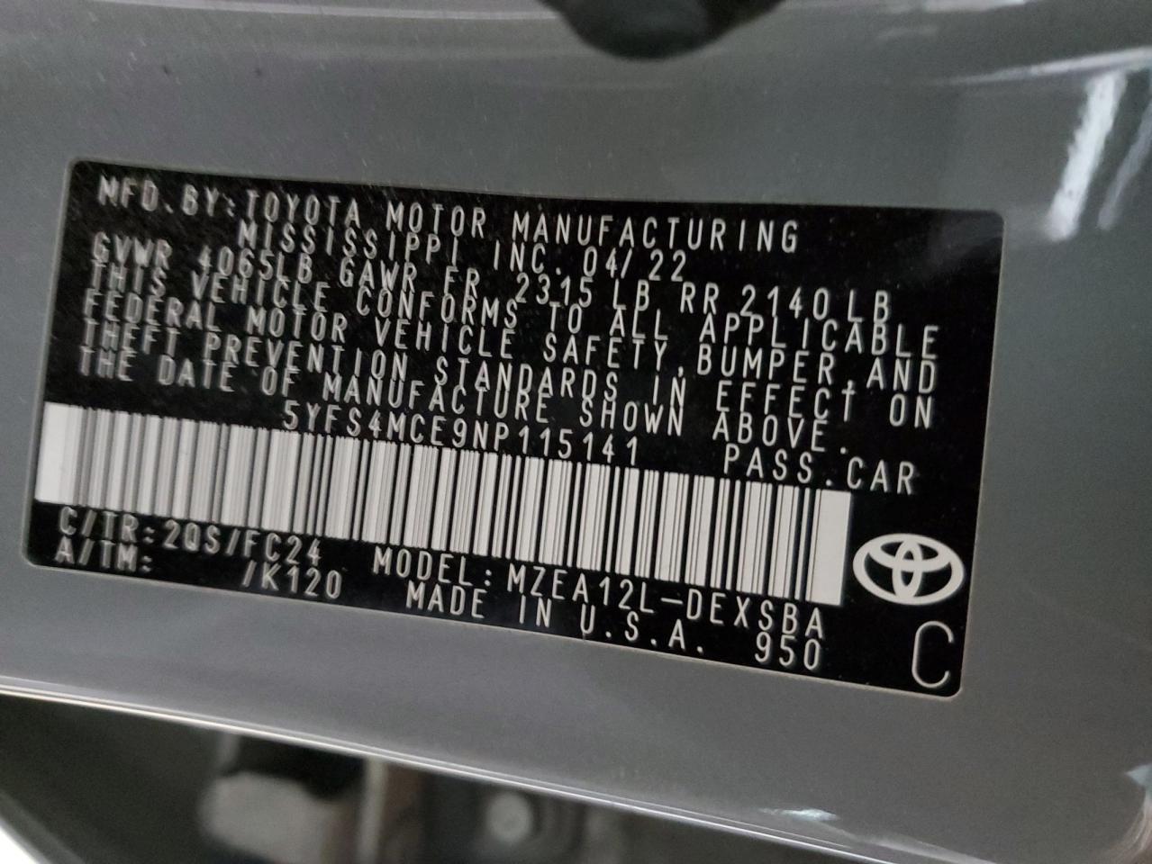 2022 TOYOTA COROLLA SE VIN:5YFS4MCE9NP115141