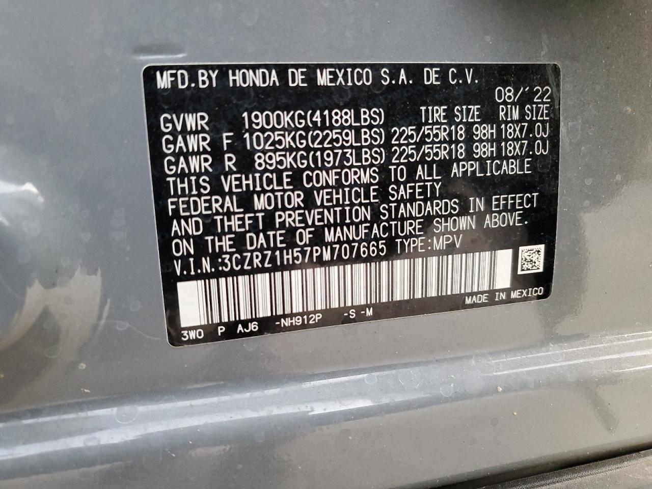 2023 HONDA HR-V SPORT VIN:3CZRZ1H57PM707665