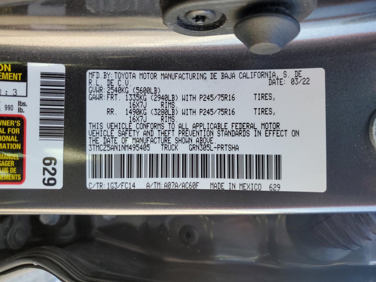 2022 TOYOTA TACOMA DOUBLE CAB VIN:3TMCZ5AN1NM495405