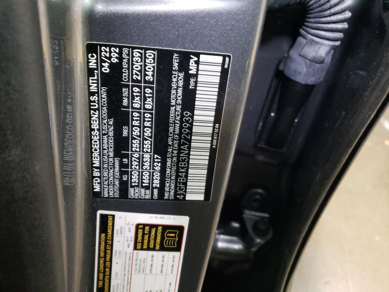 2022 MERCEDES-BENZ GLE 350 4MATIC VIN:4JGFB4KB3NA729939