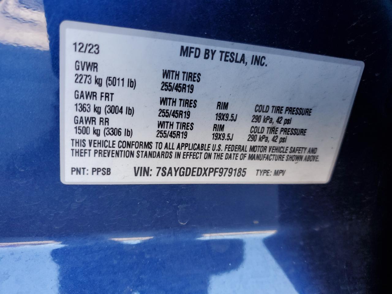 2023 TESLA MODEL Y  VIN:7SAYGDEDXPF979185