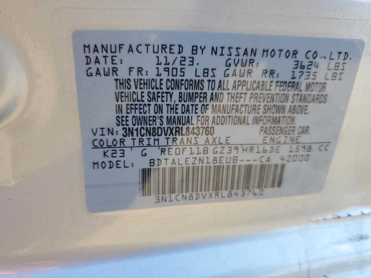 2024 NISSAN VERSA S VIN:3N1CN8DVXRL843760