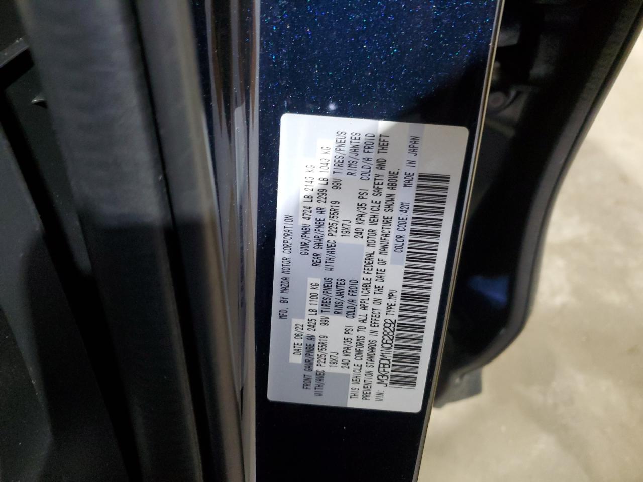 2022 MAZDA CX-5 PREMIUM VIN:JM3KFBDM1N0628292