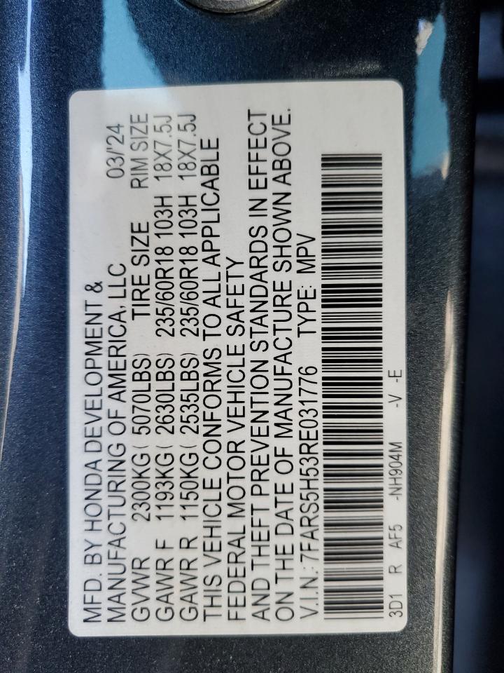 2024 HONDA CR-V SPORT VIN:7FARS5H53RE031776