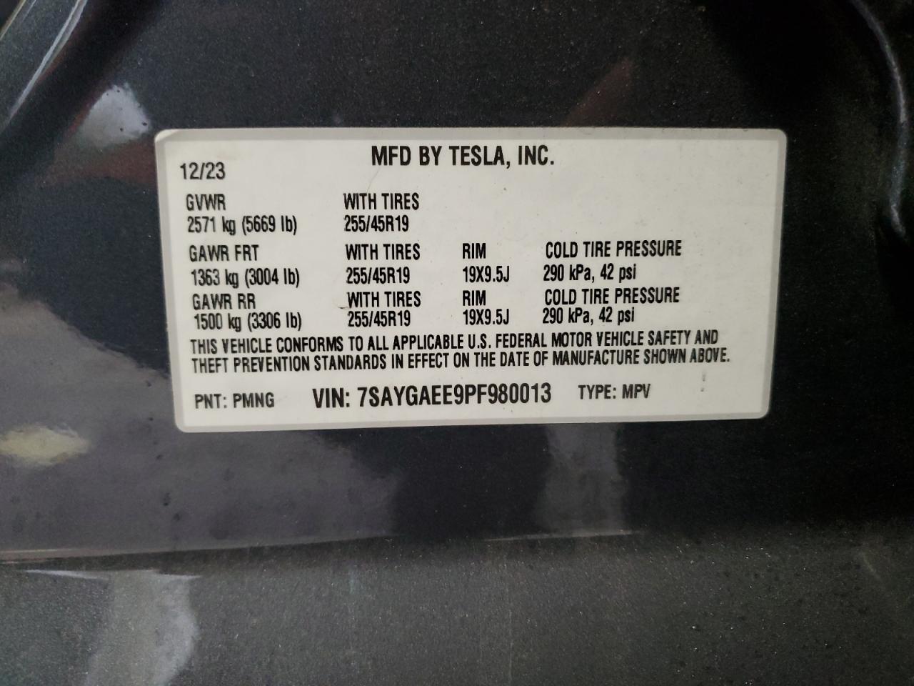 2023 TESLA MODEL Y  VIN:7SAYGAEE9PF980013