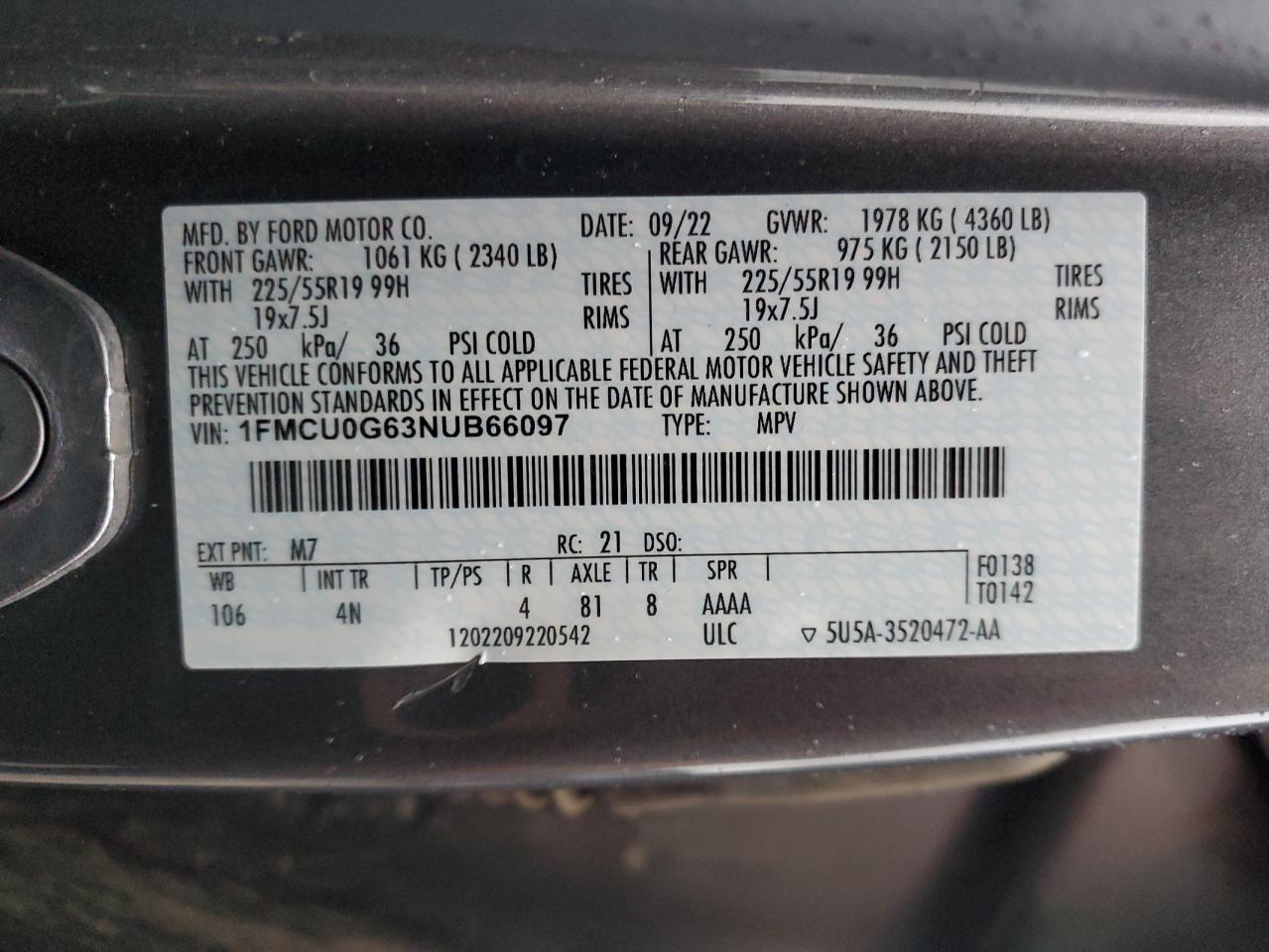 2022 FORD ESCAPE SE VIN:1FMCU0G63NUB66097