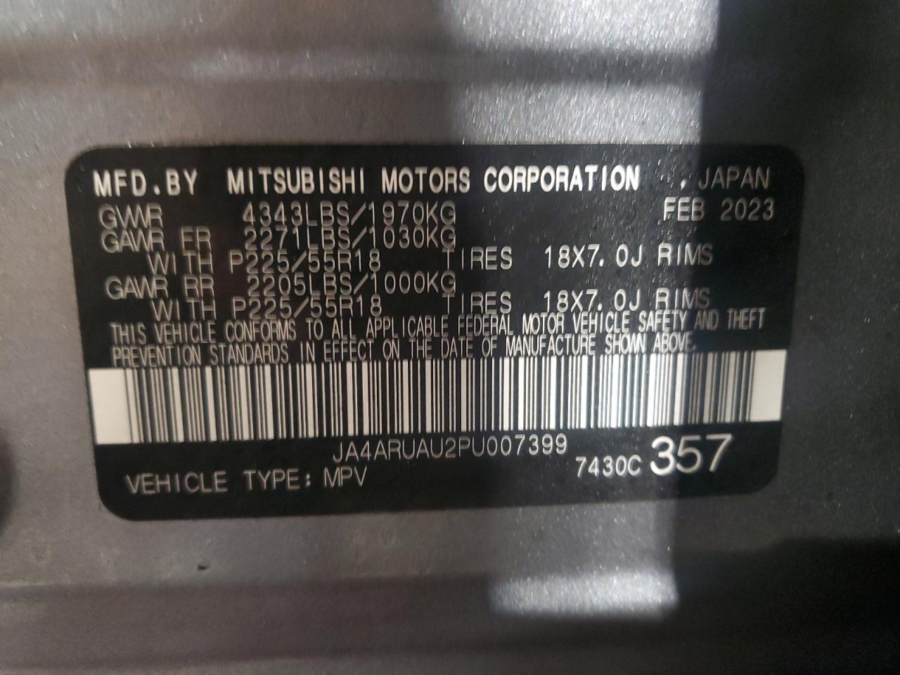 2023 MITSUBISHI OUTLANDER SPORT S/SE VIN:JA4ARUAU2PU007399