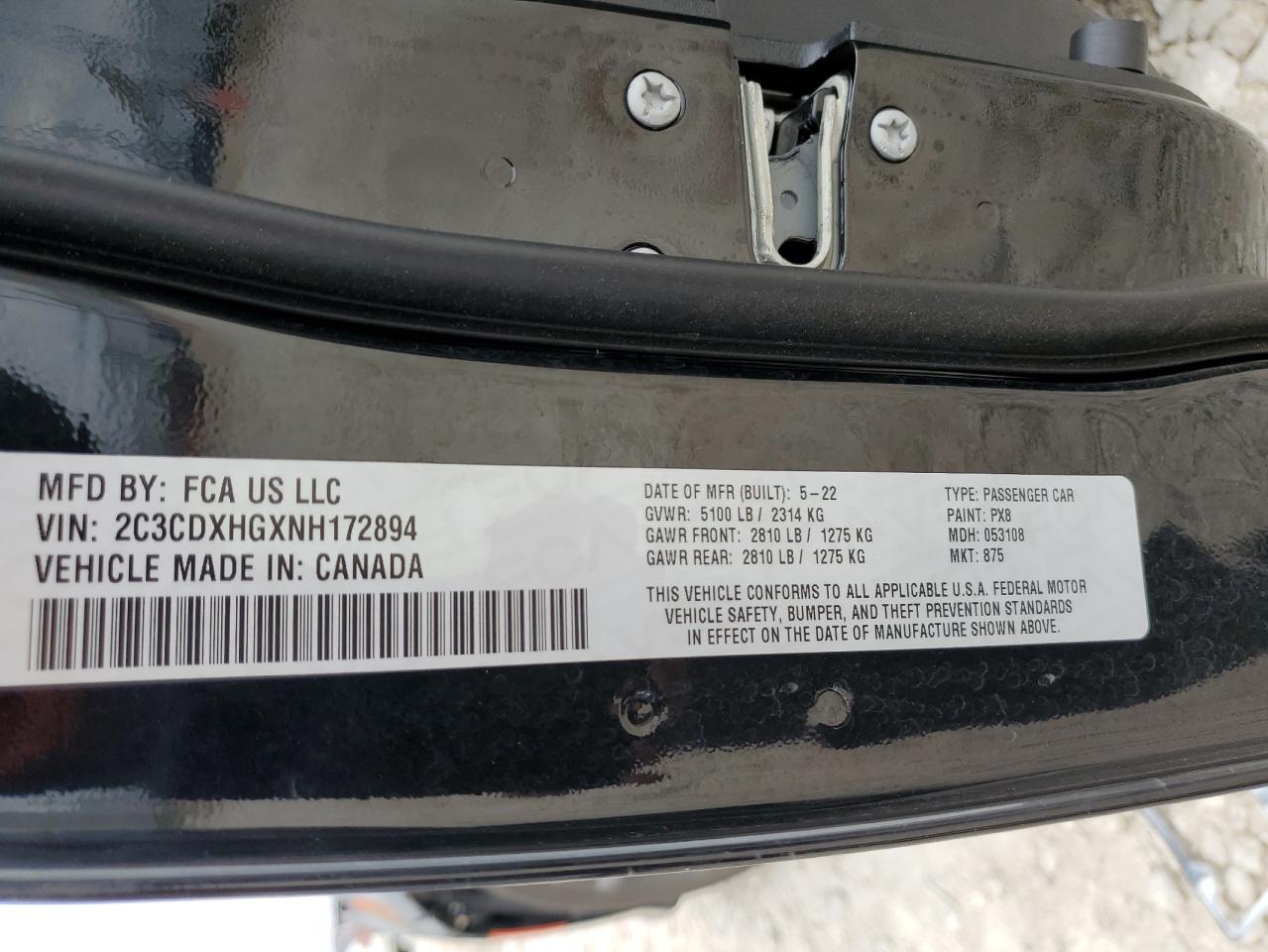 2022 DODGE CHARGER GT VIN:2C3CDXHGXNH172894