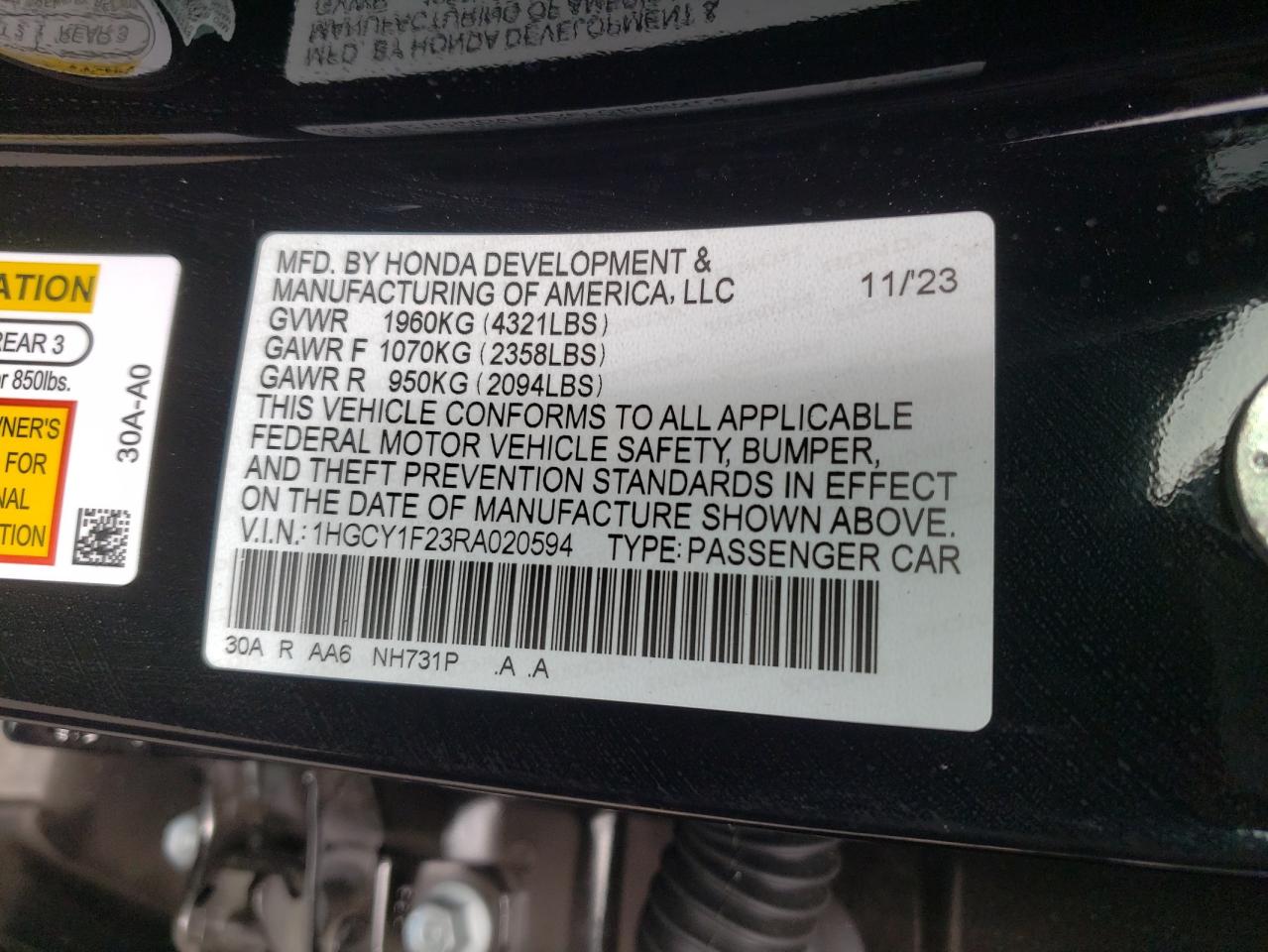 2024 HONDA ACCORD LX VIN:1HGCY1F23RA020594