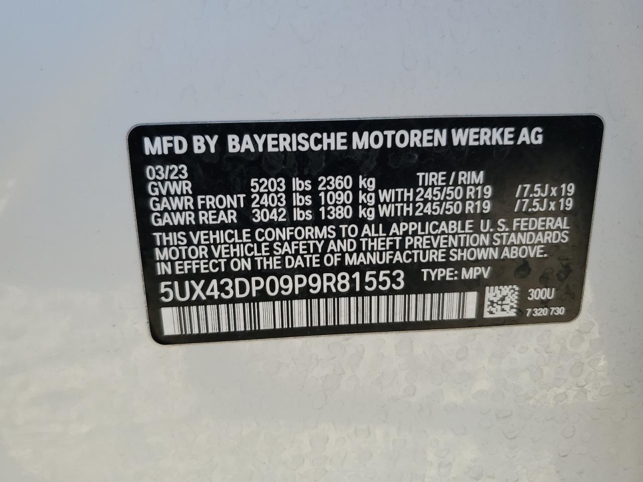 2023 BMW X3 SDRIVE30I VIN:5UX43DP09P9R81553