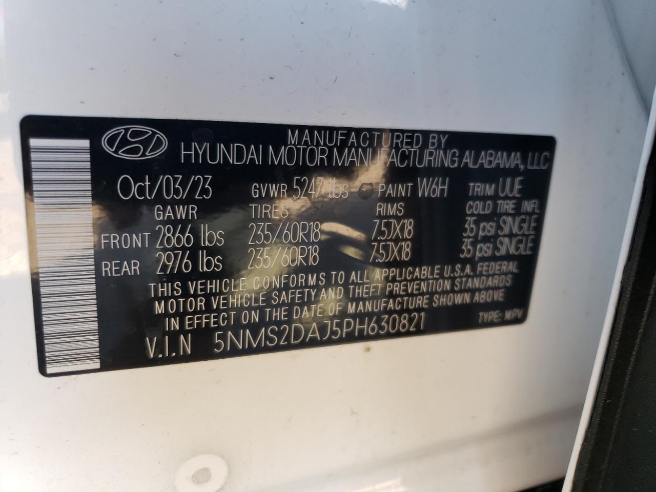 2023 HYUNDAI SANTA FE SEL VIN:5NMS2DAJ5PH630821