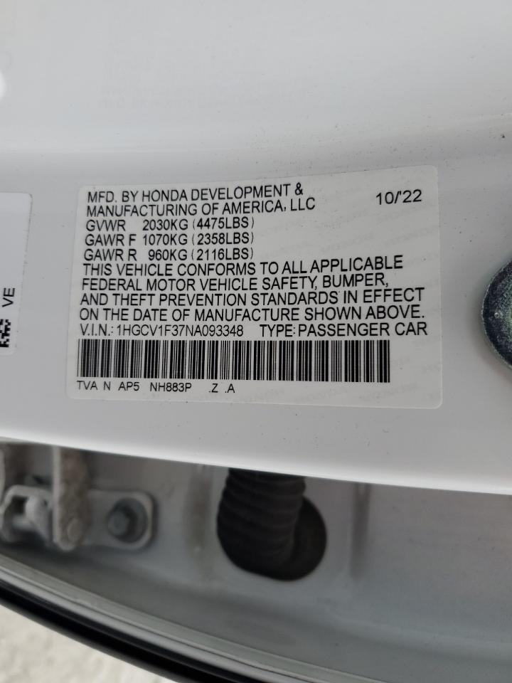 2022 HONDA ACCORD SPORT VIN:1HGCV1F37NA093348