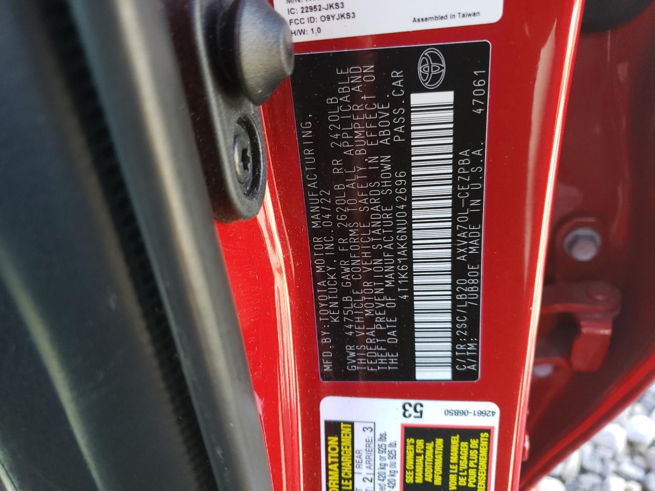 2022 TOYOTA CAMRY XSE VIN:4T1K61AK6NU042696