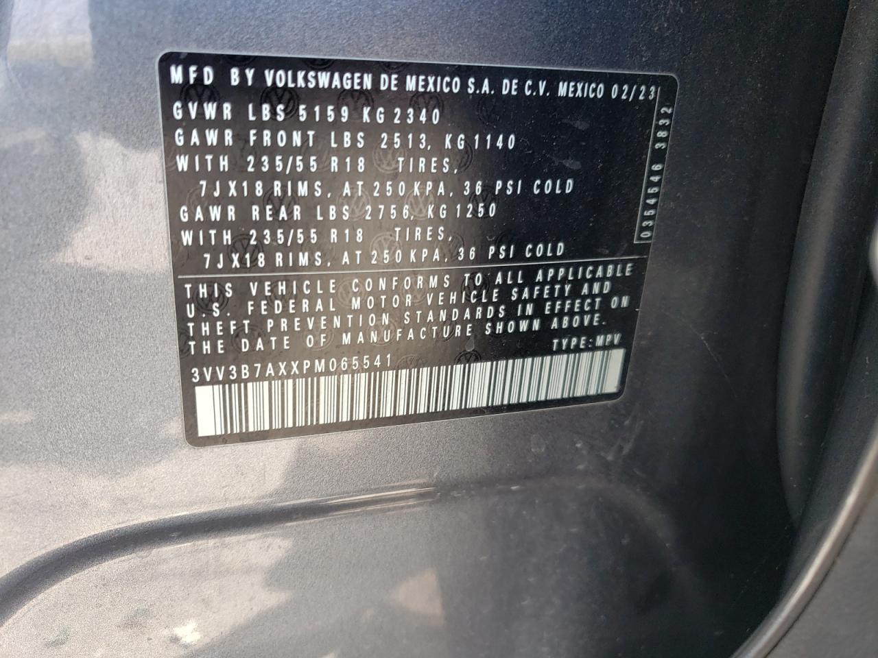 2023 VOLKSWAGEN TIGUAN SE VIN:3VV3B7AXXPM065541