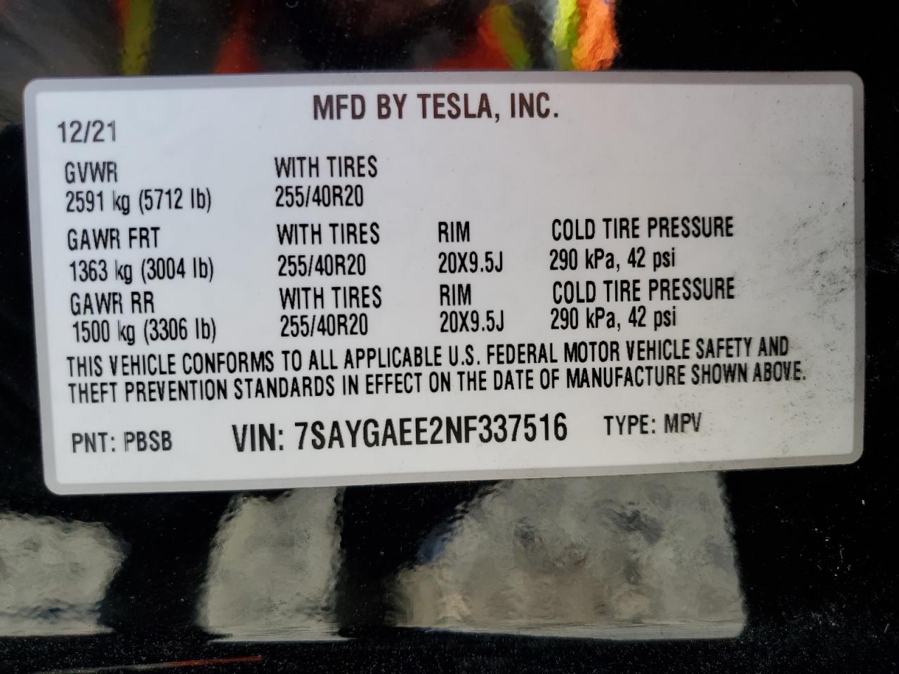 2022 TESLA MODEL Y  VIN:7SAYGAEE2NF337516