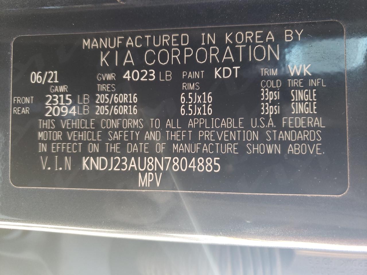 2022 KIA SOUL LX VIN:KNDJ23AU8N7804885