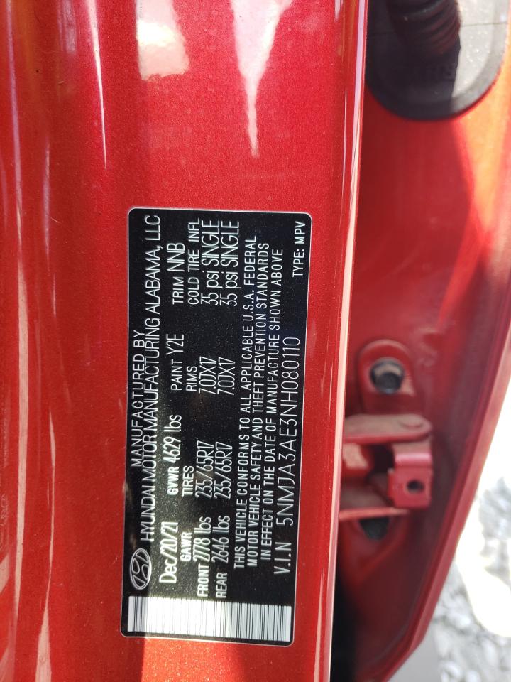 2022 HYUNDAI TUCSON SE VIN:5NMJA3AE3NH080110