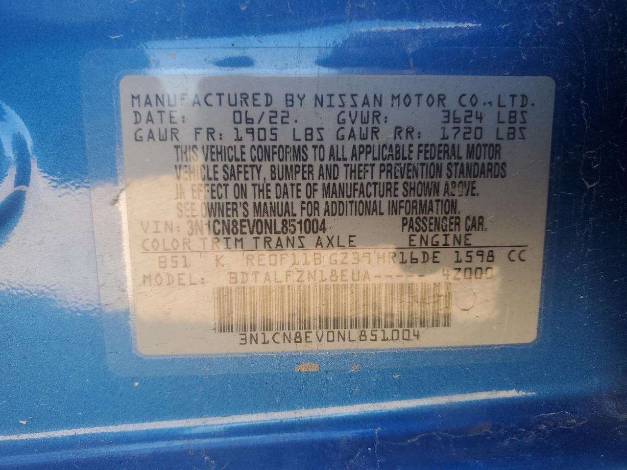 2022 NISSAN VERSA SV VIN:3N1CN8EV0NL851004