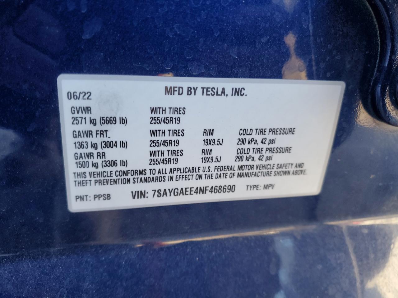2022 TESLA MODEL Y  VIN:7SAYGAEE4NF468690