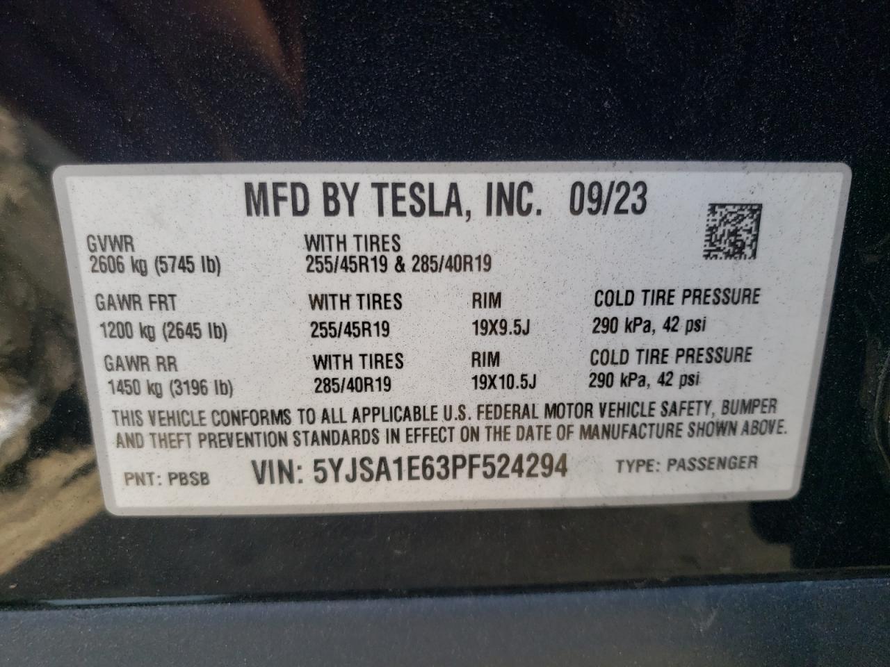 2023 TESLA MODEL S  VIN:5YJSA1E63PF524294