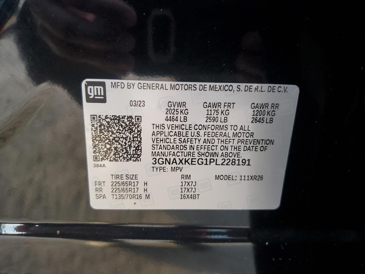 2023 CHEVROLET EQUINOX LT VIN:3GNAXKEG1PL228191