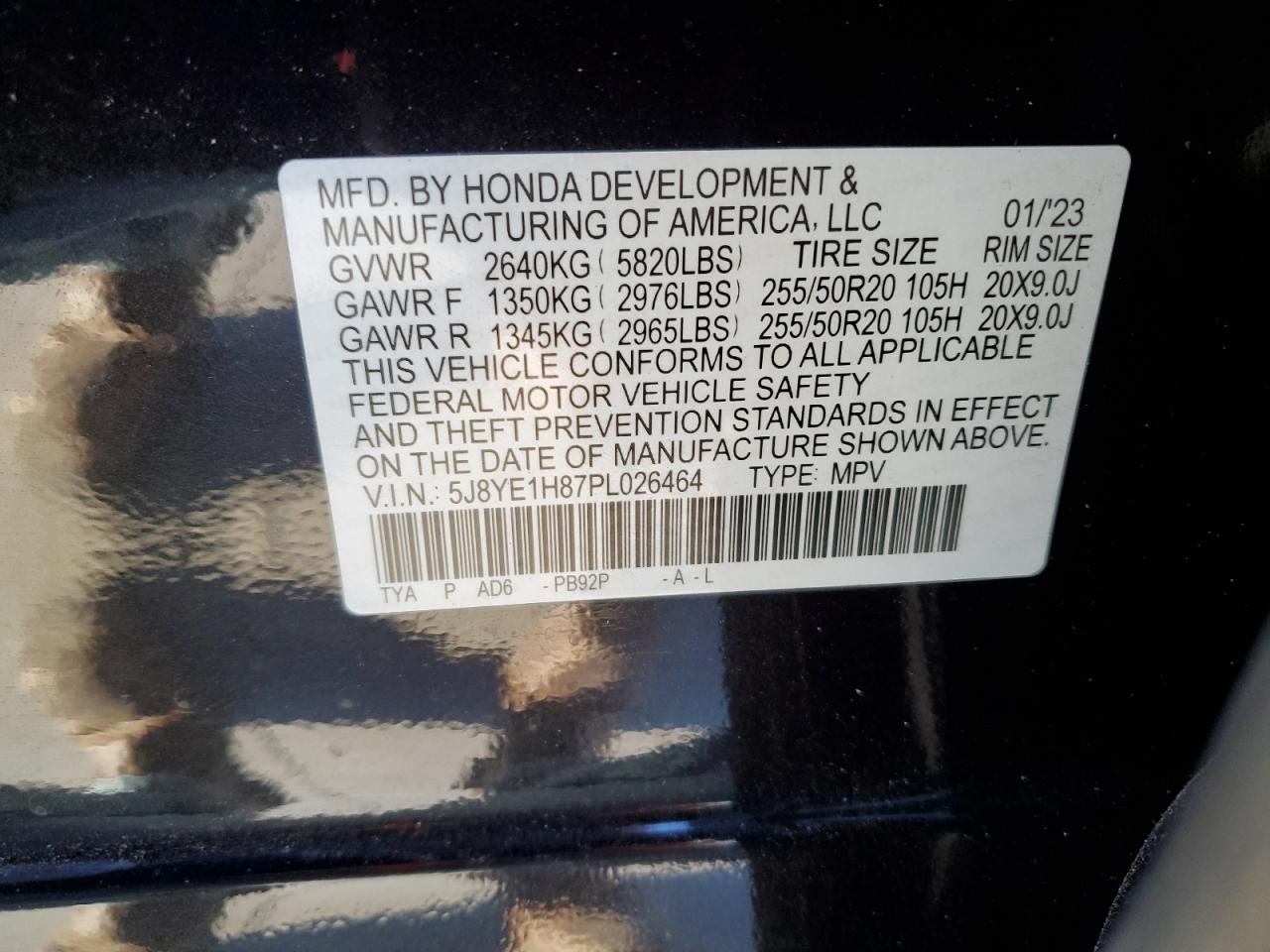 2023 ACURA MDX ADVANCE VIN:5J8YE1H87PL026464