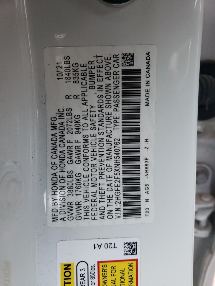 2022 HONDA CIVIC SPORT VIN:2HGFE2F5XNH540762