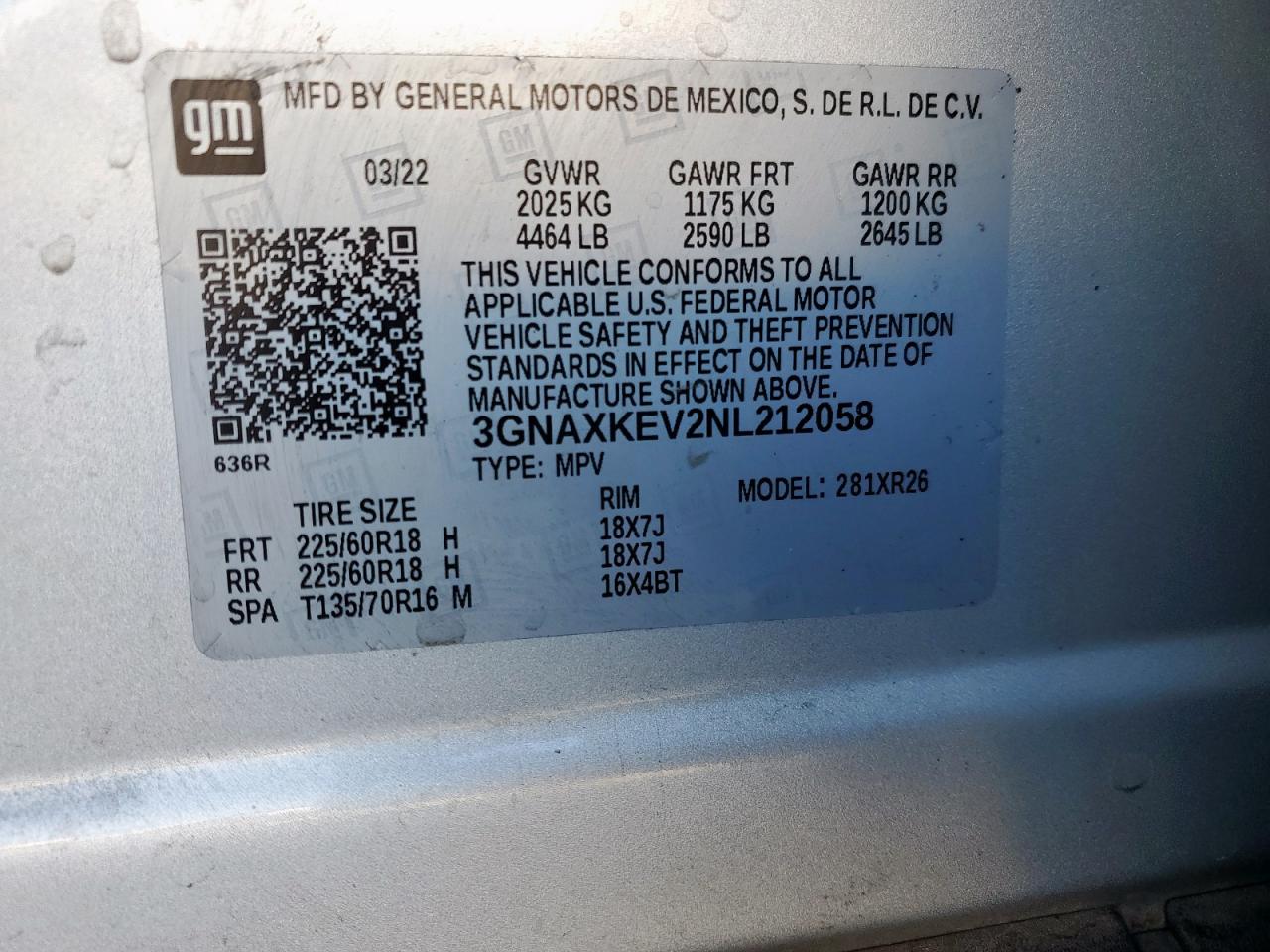 2022 CHEVROLET EQUINOX LT VIN:3GNAXKEV2NL212058