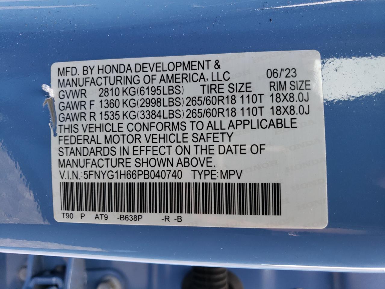 2023 HONDA PILOT TRAILSPORT VIN:5FNYG1H66PB040740