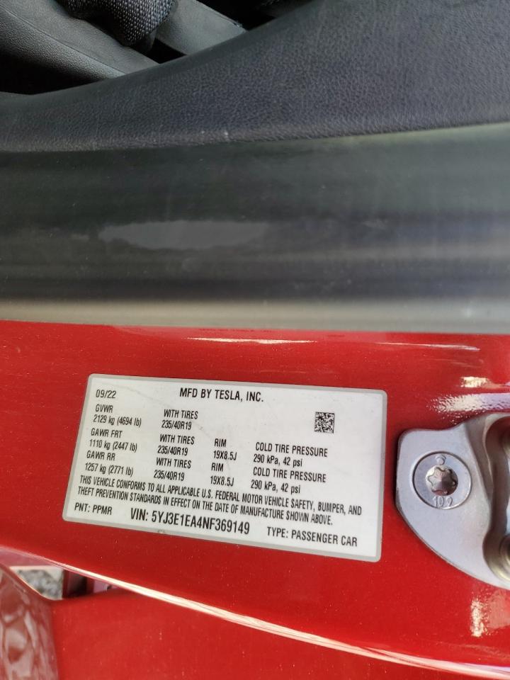 2022 TESLA MODEL 3  VIN:5YJ3E1EA4NF369149