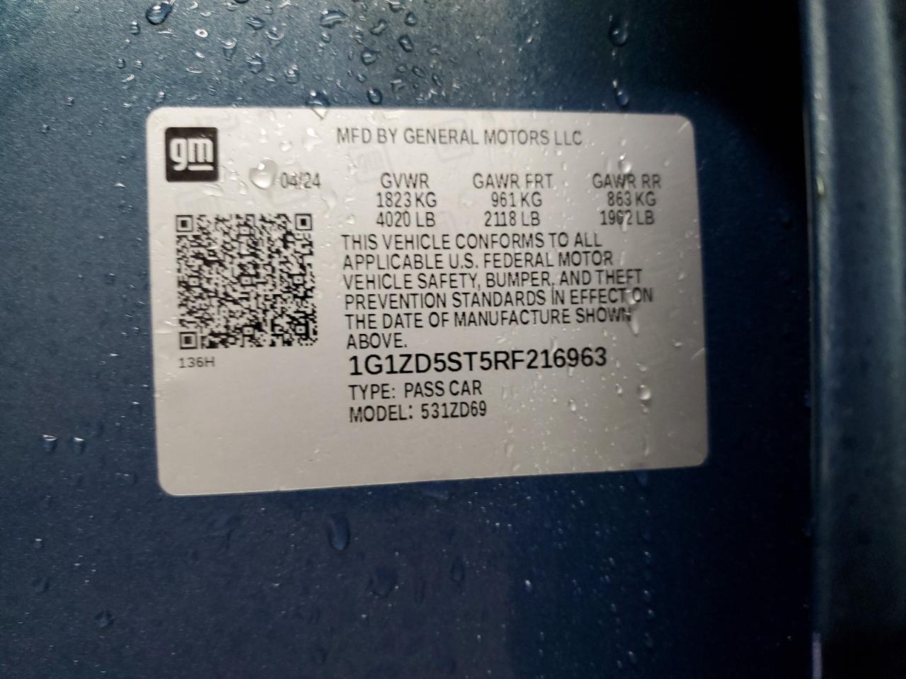 2024 CHEVROLET MALIBU LT VIN:1G1ZD5ST5RF216963