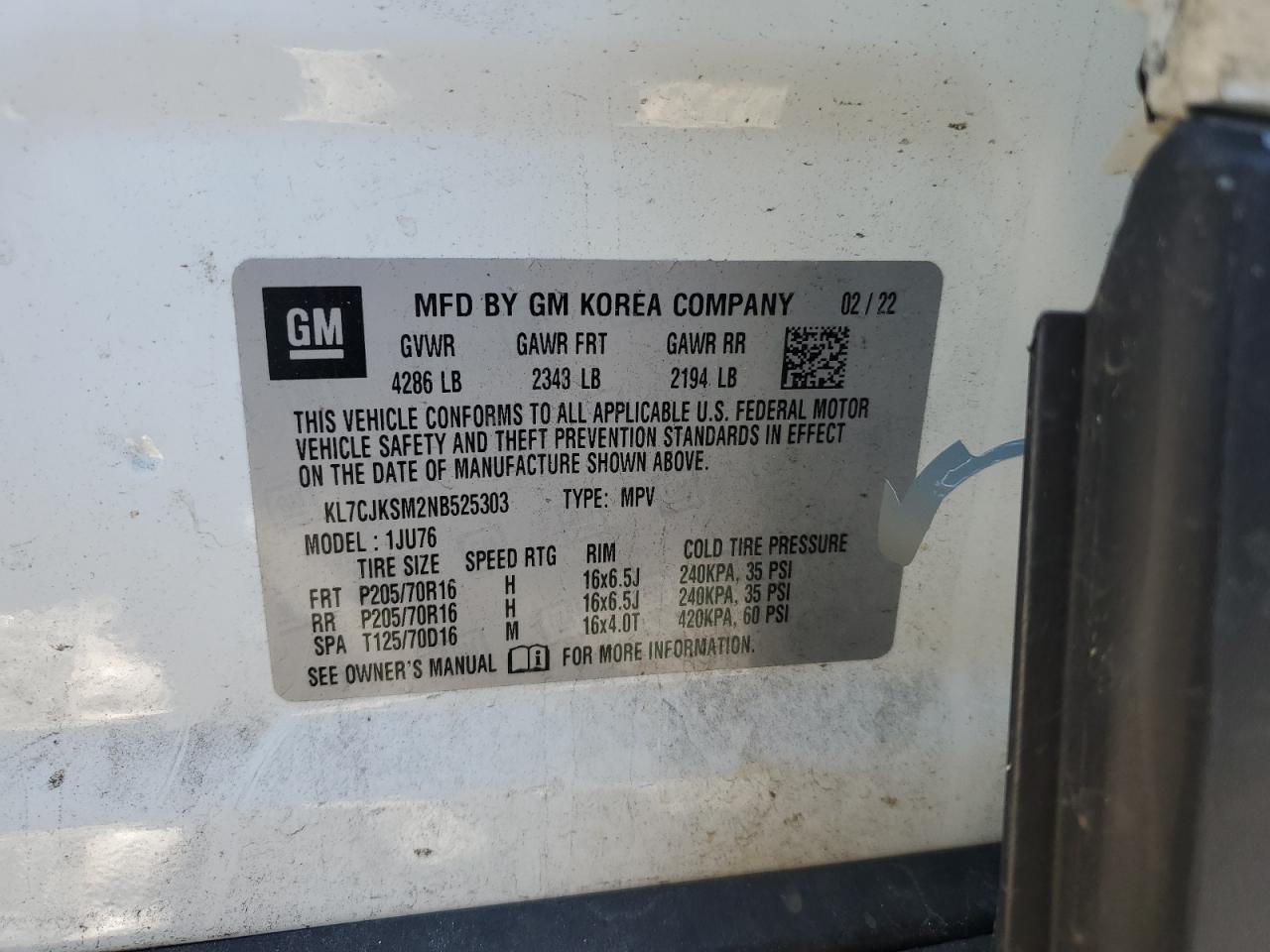 2022 CHEVROLET TRAX LS VIN:KL7CJKSM2NB525303