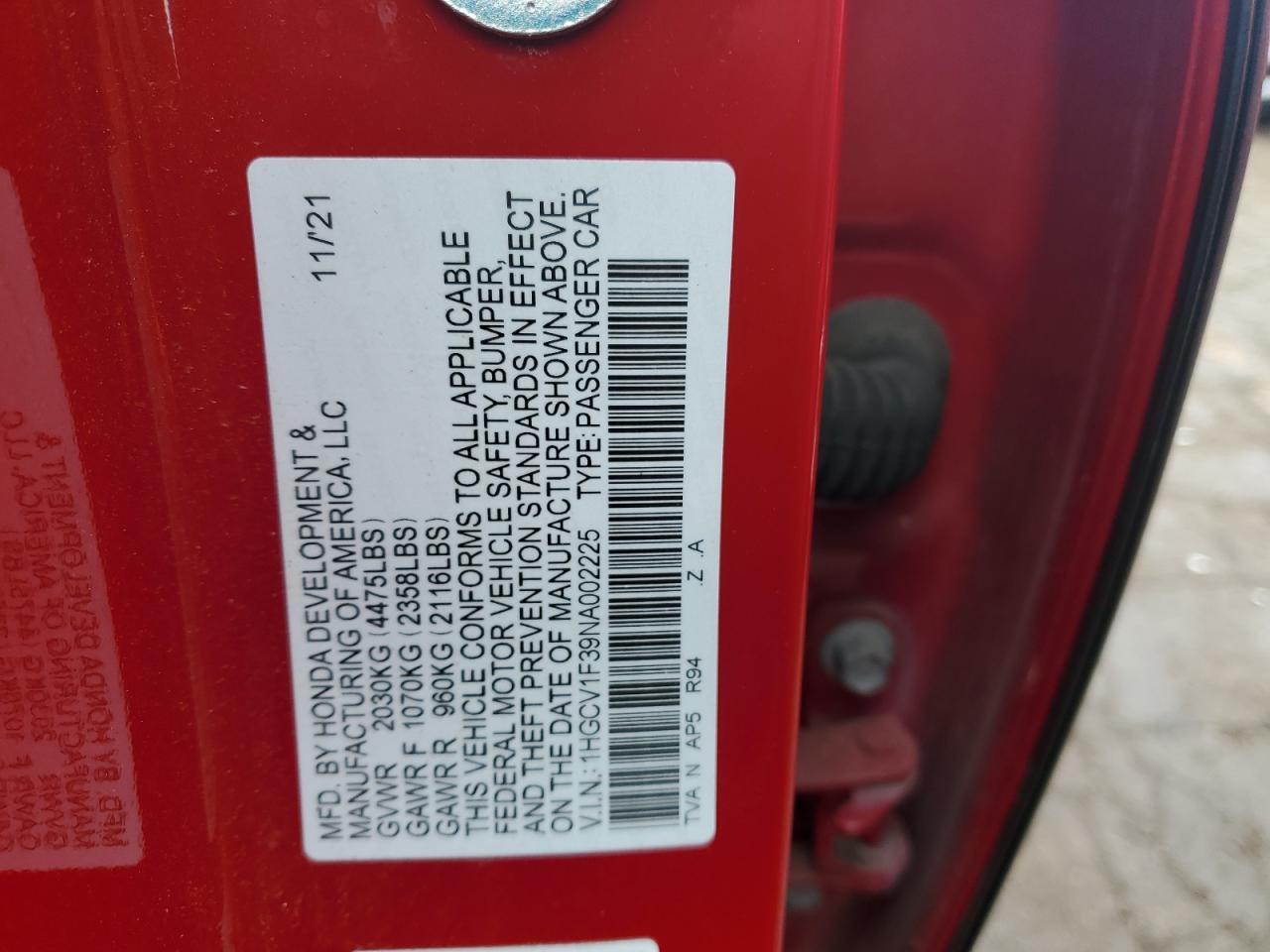 2022 HONDA ACCORD SPORT VIN:1HGCV1F39NA002225